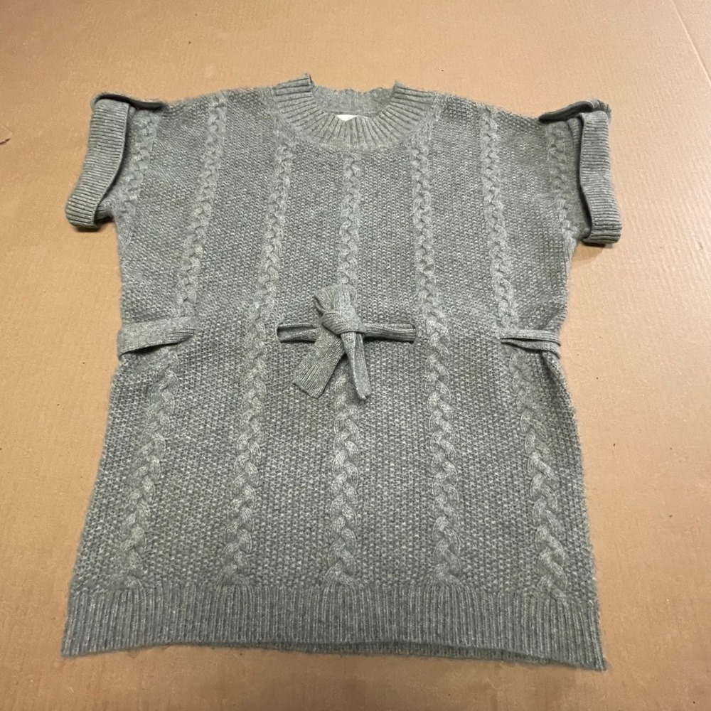 Vintage Kenar 100% Cashmere Cable Knit Belted Short Sleeve Gray Sweater Tunic S